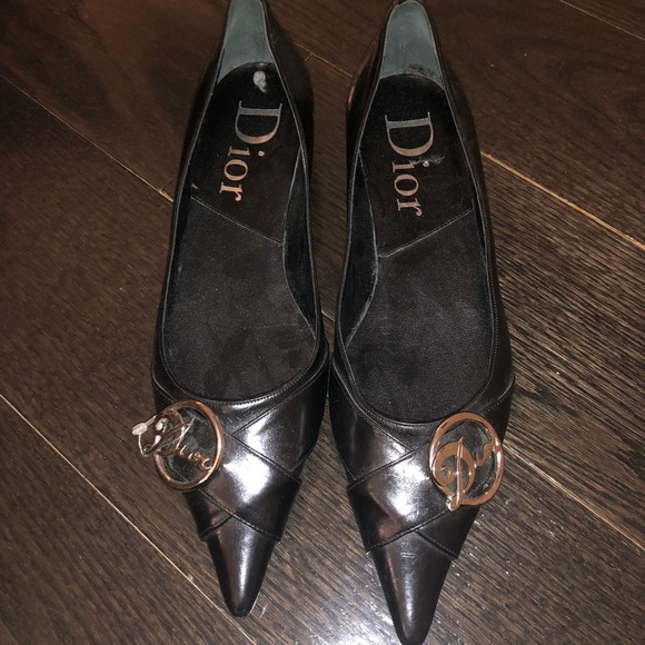 CHRISTIAN DIOR BLACK LOGO POINTY FLATS 36.5 NEW - Picture 1 of 6
